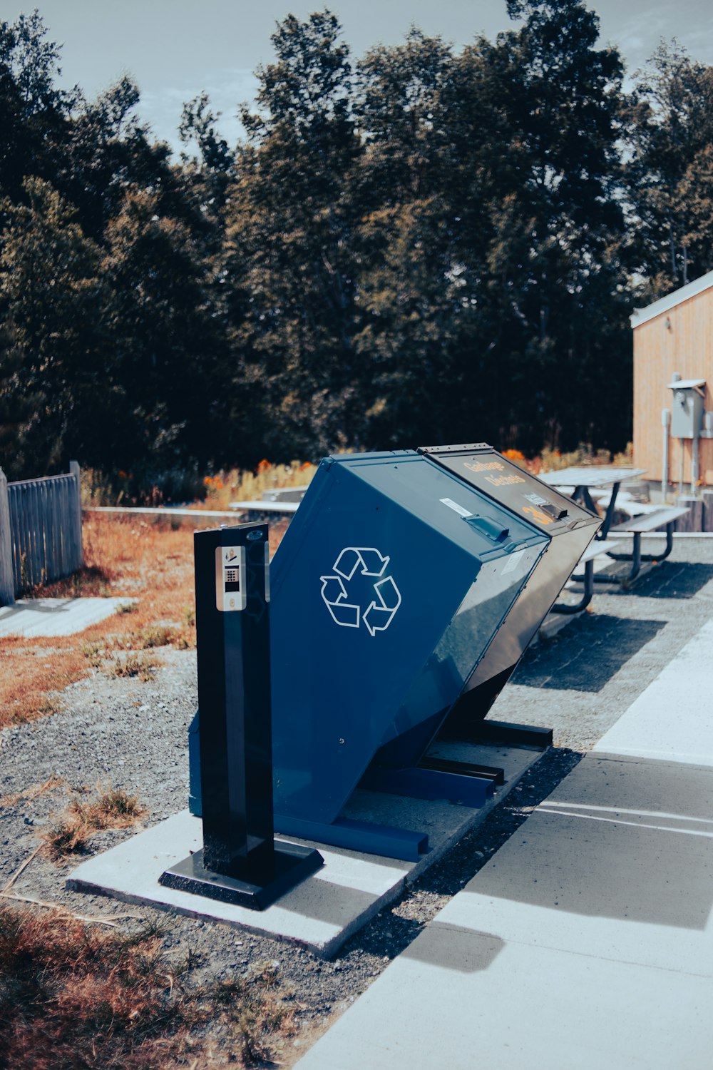 blue trash bin beside road during daytime