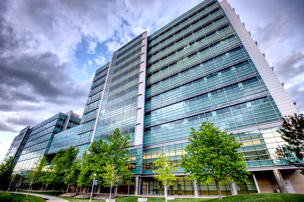 green trees near white and blue building during daytime