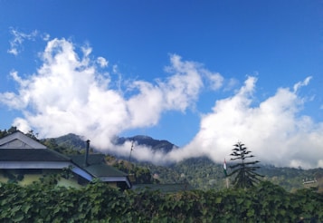 A scenic view featuring lush green hills and mountains under a bright blue sky filled with fluffy white clouds. In the foreground, there is a house with a green roof surrounded by dense foliage. A small Indian flag is visible on a pole near a coniferous tree.