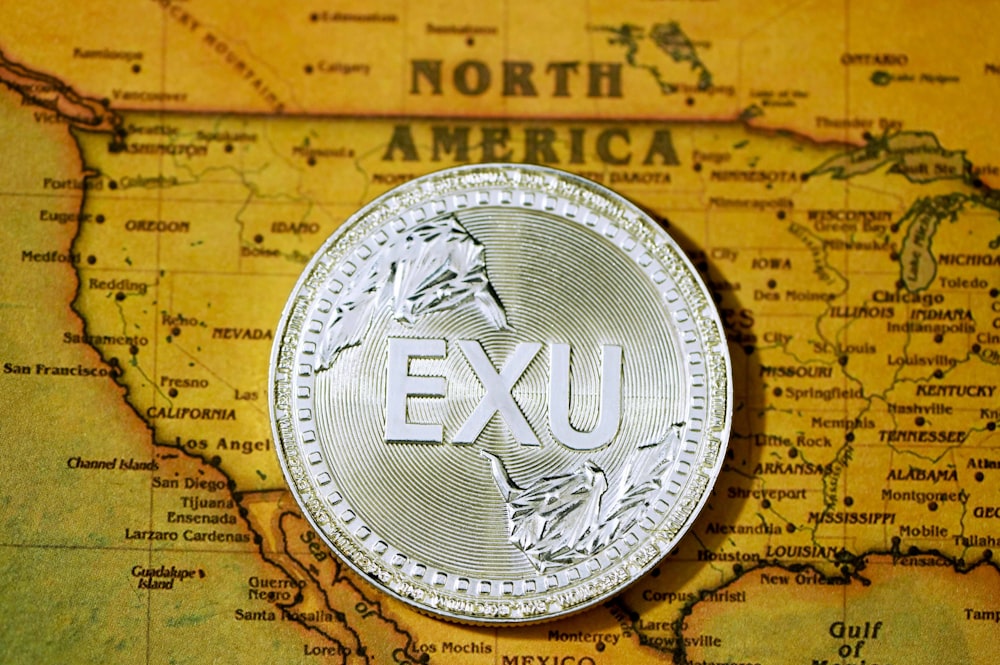 silver round coin on brown surface