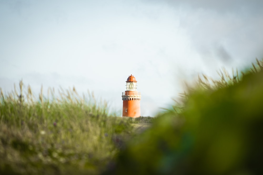 white and brown lighthouse on green grass field under white sky during daytime