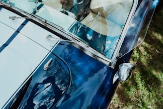 A sparkling clean car exterior reflecting the blue sky and trees nearby.