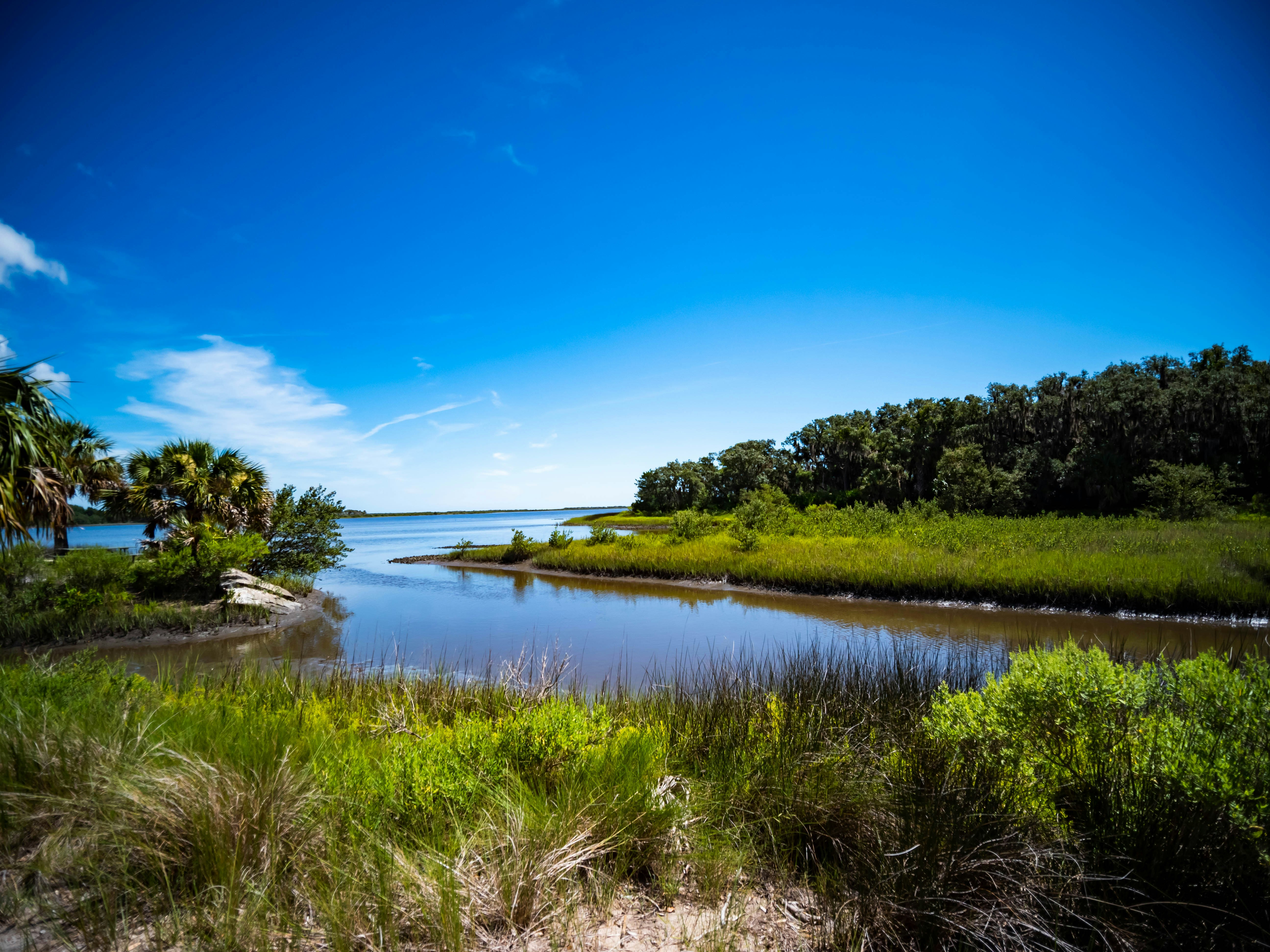 Florida Space Coast waterway with calm water, green shoreline, clear sky, peaceful natural landscape