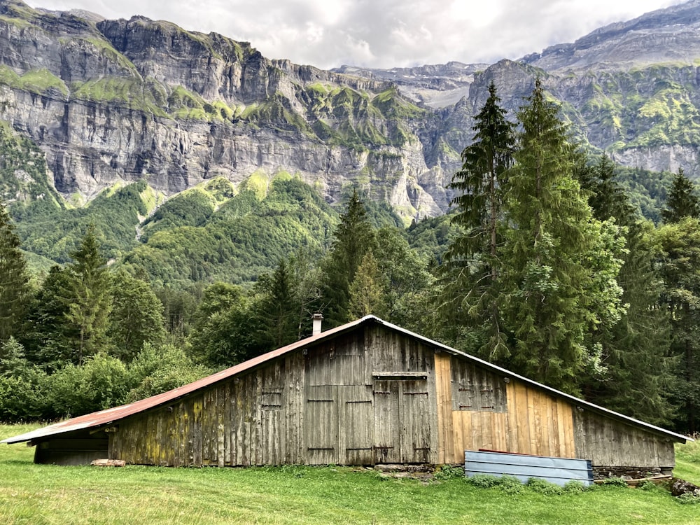 an old barn in the middle of a field with mountains in the background