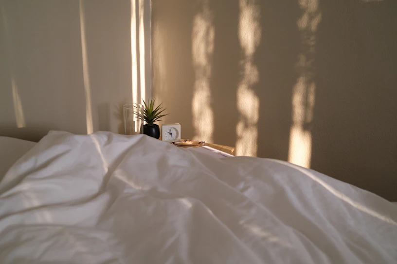 Soft morning light spilling over a minimalist hotel room with beige linens and a small vase of fresh flowers on the bedside table.