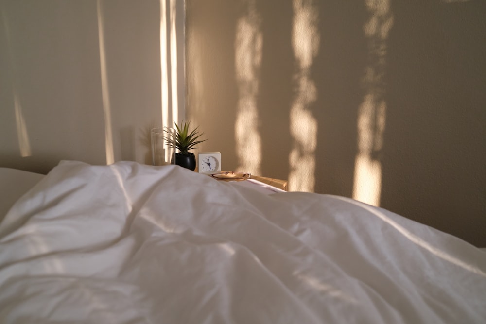 a bed with a white comforter and a plant on top of it
