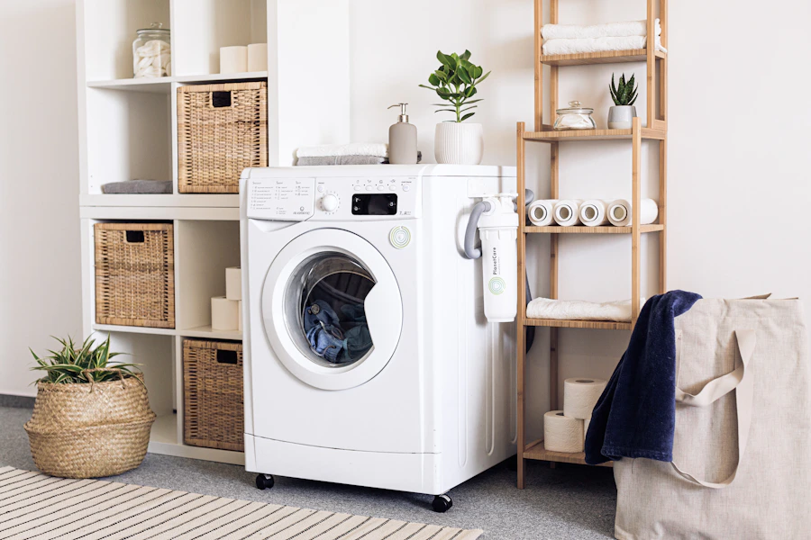 Front-loading washer and dryer in a modern residential laundry room