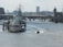 A large naval ship is moored on a river alongside a cityscape backdrop with modern and historical buildings. A small motorboat speeds past in the foreground, creating a white wake behind it. A bridge spans the river in the background, with traffic moving across it.