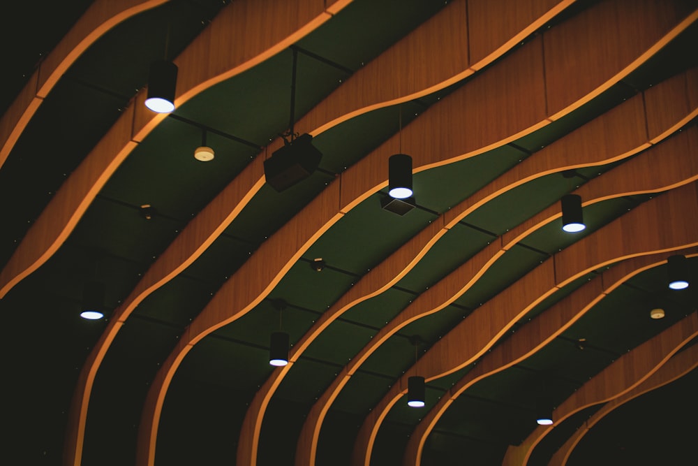 brown wooden ceiling with light fixture