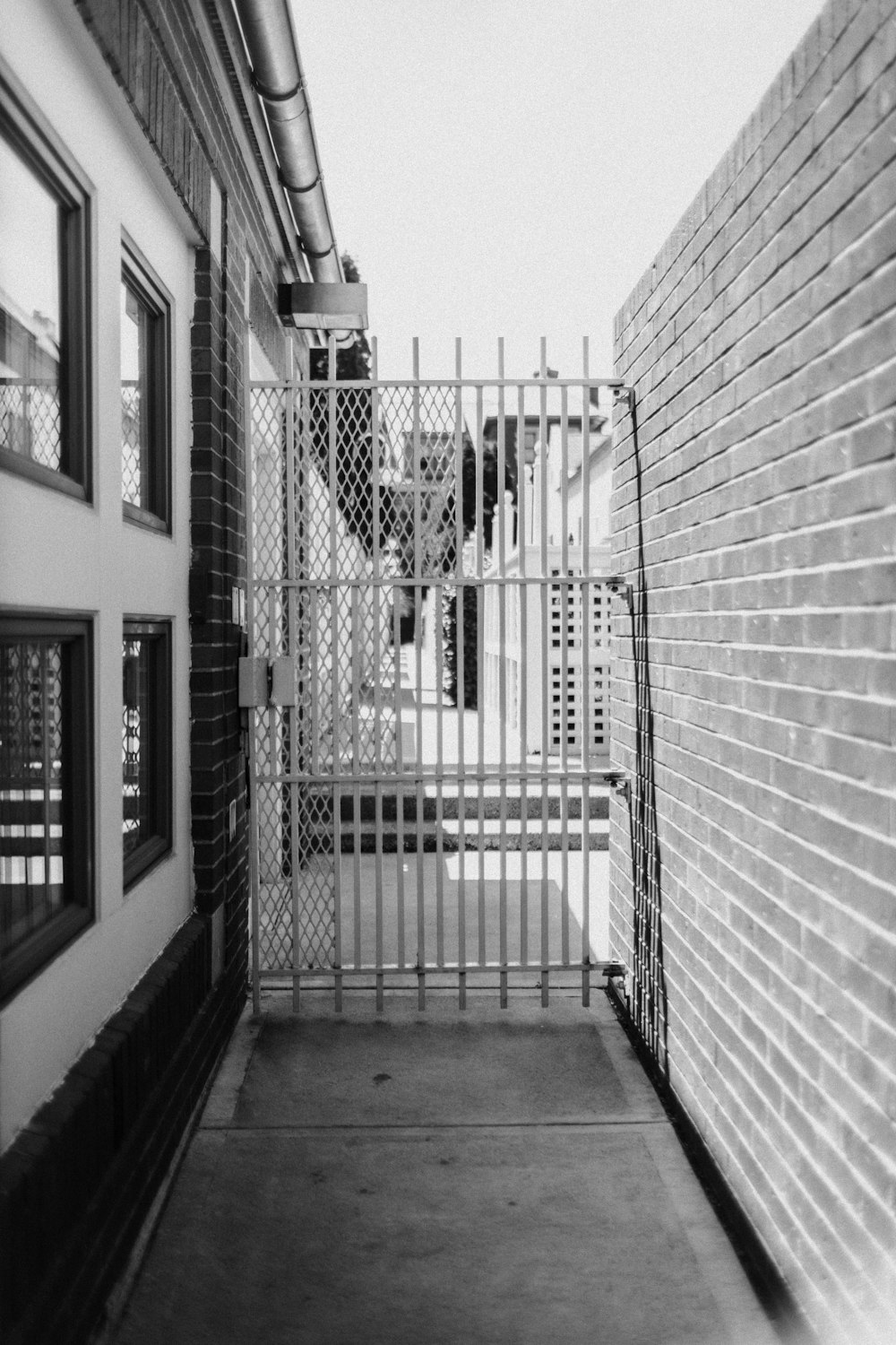 grayscale photo of metal gate