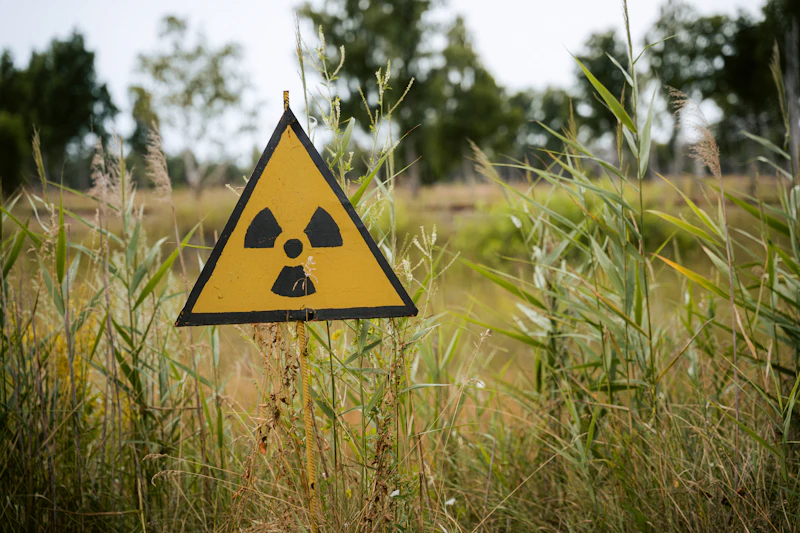 Señal amarilla de riesgo radiactivo en una zona vallada