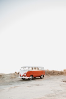 A classic blue Volkswagen Transporter T1 parked by a scenic countryside road, bathed in warm sunlight.