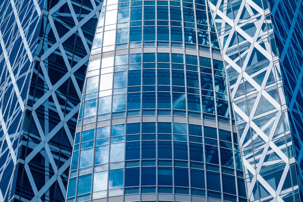 blue and white glass walled high rise building