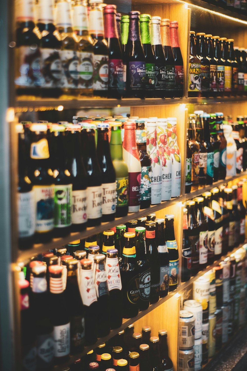 bottles on glass shelf with lights turned on during night time