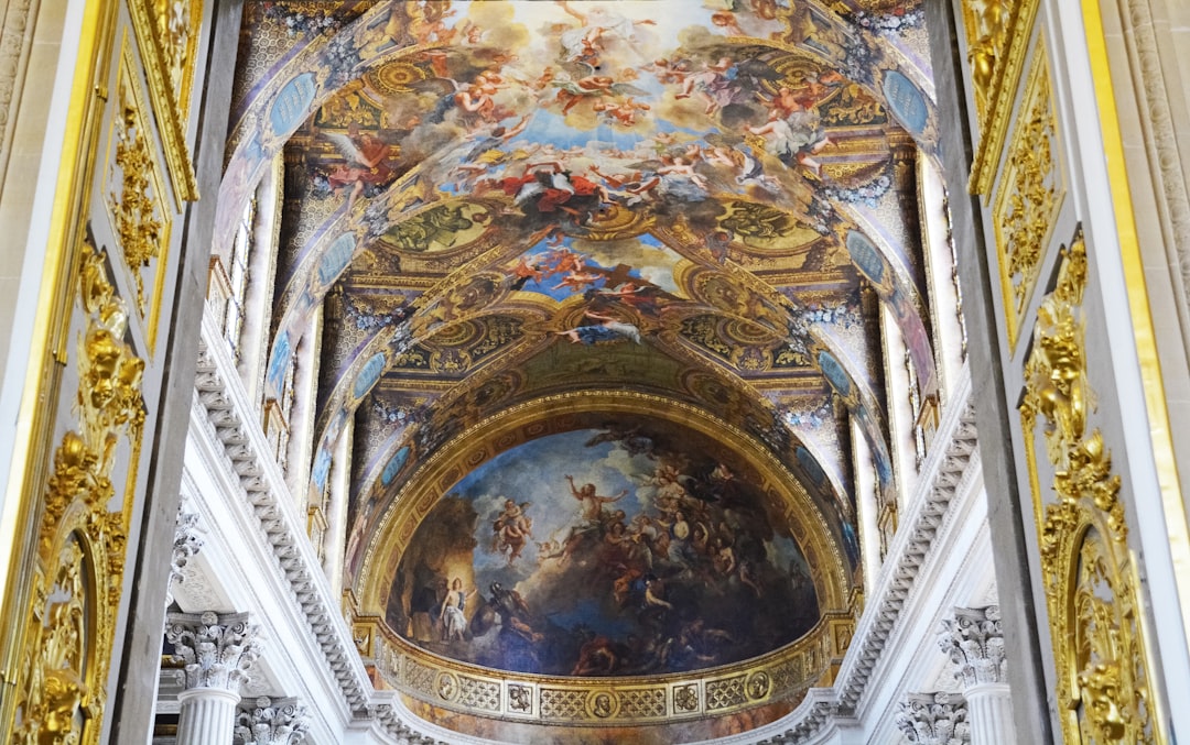 low angle view of brown and blue floral ceiling