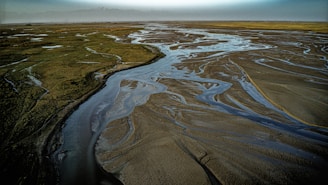 An expansive landscape with a winding network of shallow water channels flowing through a flat, sandy terrain. Green vegetation is visible sparsely distributed on one side, while the other side is largely barren. The distant horizon merges into a hazy, blue sky, suggesting an open and vast environment.
