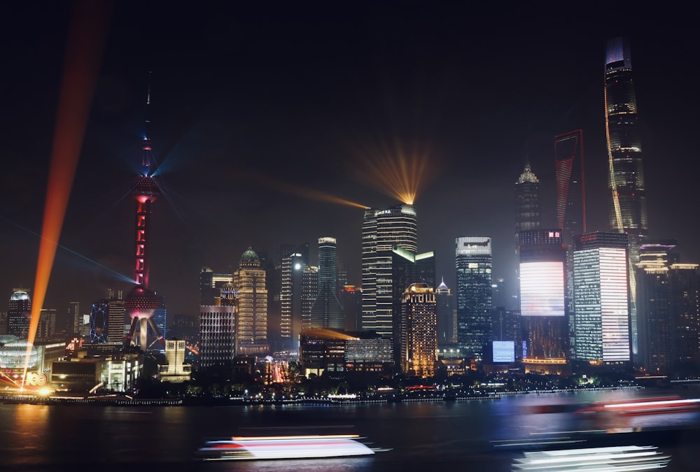 city skyline during night time