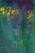 An abstract watercolor painting features a blend of deep green, purple, and scattered bursts of bright yellow. The textured background creates a fluid and organic appearance, with colors merging seamlessly.