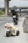 A small toy motorcycle is placed on the roadside of a highway. Behind the toy motorcycle, there is a larger real motorcycle parked on the side of the road. The road is deserted with no other vehicles in sight, and there are overpasses in the background.