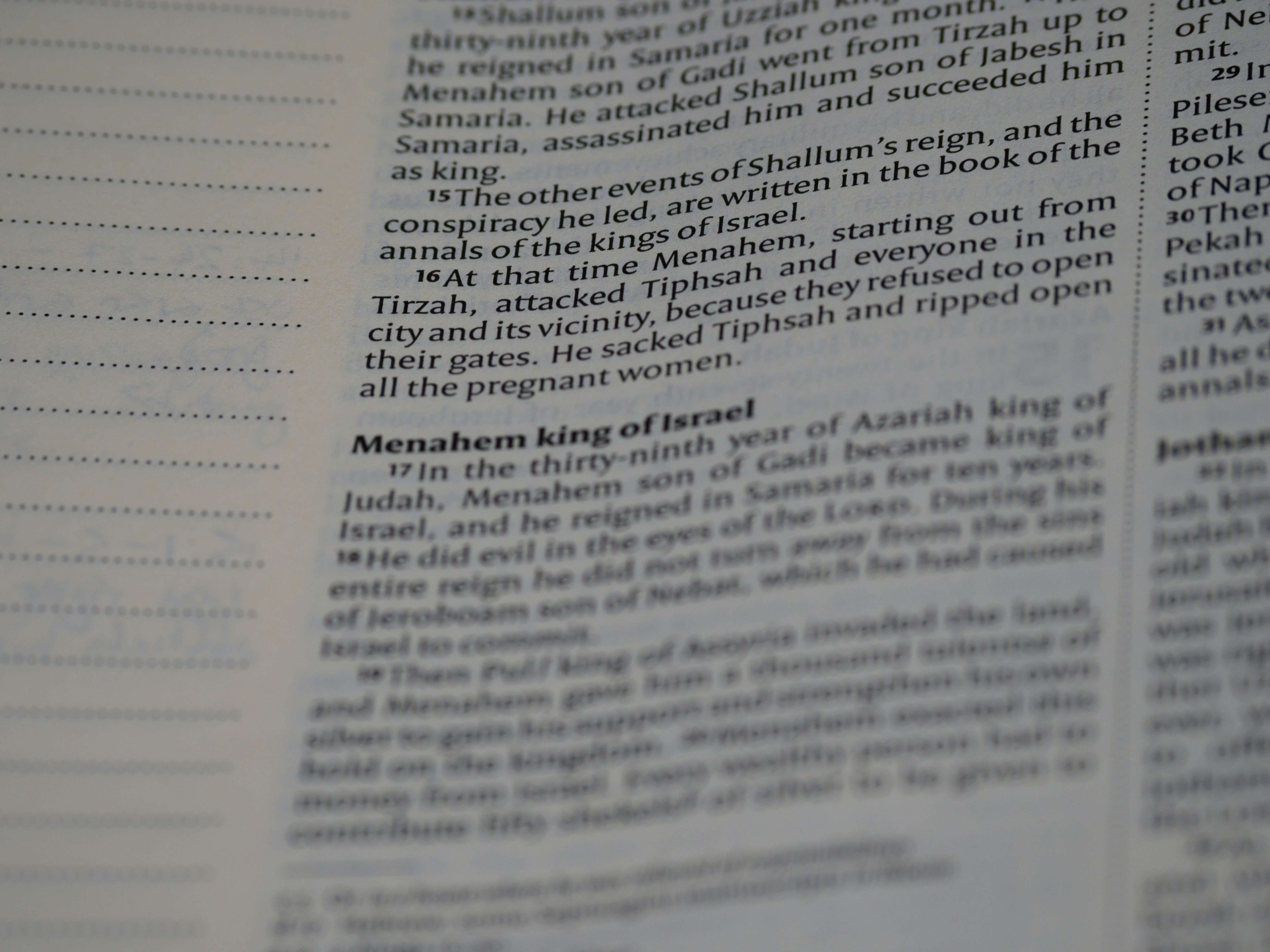 text, close up, bokeh, macro, blur, blurred background, close focus, bible, old testament, 2 kings, book of kings, kings, ספר מלכים‎, sêp̄er malḵîm,  hebrew bible, destruction of judah, babylon, babylonian exile, Deuteronomistic history, a history of Israel, rabbinic literature, shavuot, christian, judaism, history, text, reading, bible study, devotions, text, NIV, New International Version, type, typography, canon, christianity, holy scripture, holy bible, scripture, tanakh, nevi