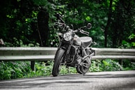 A motorcycle is parked on a winding road surrounded by lush green foliage. The sunlight filters through the trees, casting dappled shadows on the asphalt. The road is bordered by a metal guardrail, and the scene conveys a sense of tranquility and adventure.