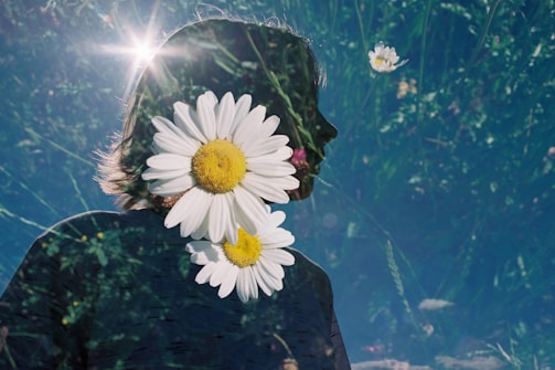 A silhouette of a person is overlaid with transparent daisies against a background of greenery. Sunlight creates a lens flare, adding a dreamy and ethereal quality.