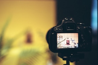 A DSLR camera is positioned on a tripod, capturing an artistic composition that features a small bottle and some plant leaves. The camera's screen displays the scene with a grid overlay, while the background is blurred.