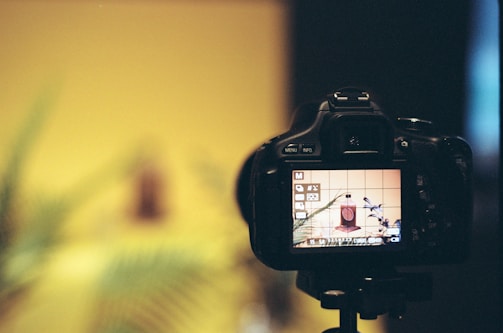 A DSLR camera is positioned on a tripod, capturing an artistic composition that features a small bottle and some plant leaves. The camera's screen displays the scene with a grid overlay, while the background is blurred.