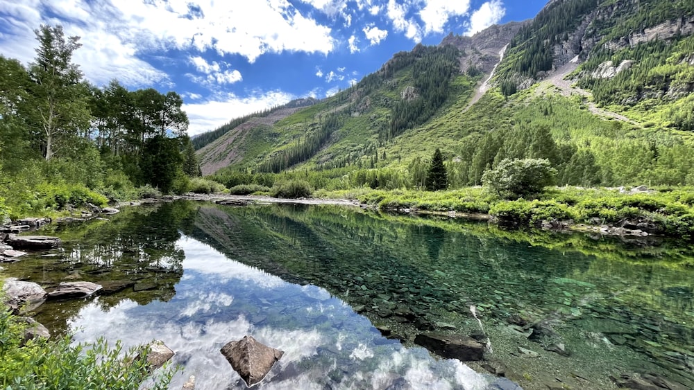 green trees and mountain beside river under blue sky during daytime