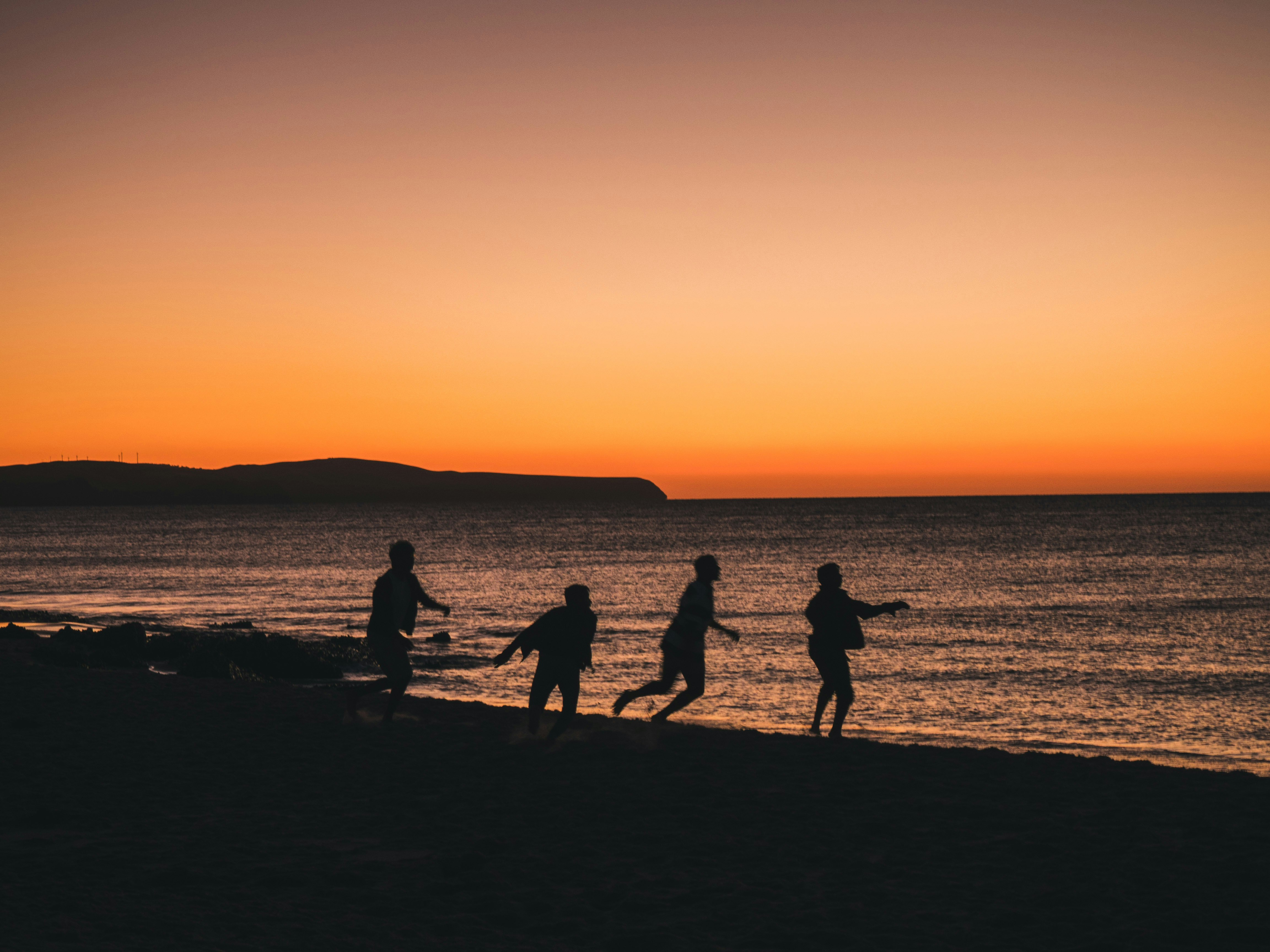 silhouette of people walking on beach during sunset