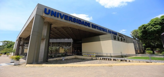 A large, modern building with a wide entrance and the name 'Universidade Estadual do Piauí' prominently displayed in blue letters on the facade. The structure features a contemporary design with a mix of concrete and glass. There are several potted plants lining the walkway leading to the entrance. The sky is bright blue with a few scattered clouds.