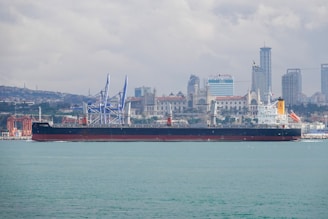 red and white ship on sea near city buildings during daytime