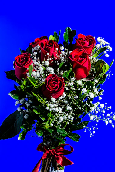 A vibrant bouquet of red roses with delicate baby's breath, arranged for a romantic serenade.