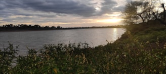 A tranquil riverside scene in Thailand at sunset, with soft golden light reflecting on calm waters and lush greenery.