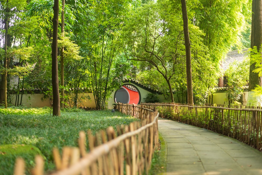 Pont en bois brun au milieu d’un champ d’herbe verte