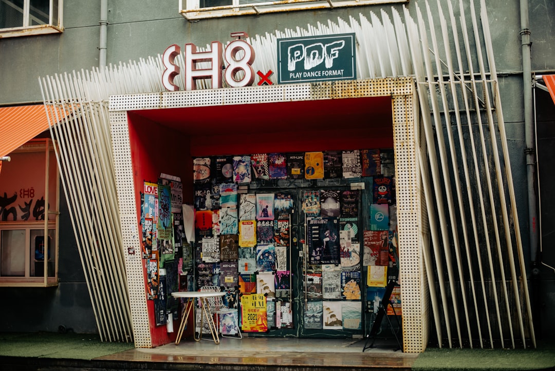 red and white store with assorted items