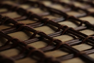 A close-up view of a woven pattern made from intersecting brown strands, possibly a basket or mat. The strands create a grid-like design with visible texture and shadows.