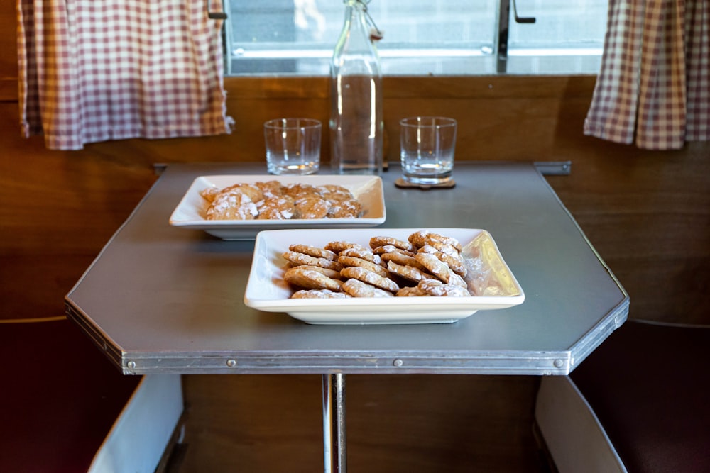 white ceramic tray with food on table