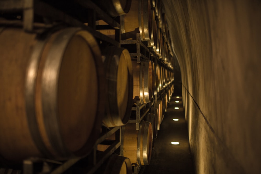 brown wooden barrels in a room