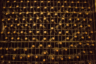 A neatly organized wine rack filled with rows of dark-colored wine bottles, each stacked on metal shelves. The lighting is dim, creating a warm and rustic atmosphere. The caps of the bottles are visible, indicating the bottles are stored horizontally.