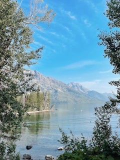 A serene lake surrounded by lush green trees and mountains.