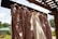 A collection of elegant dresses hanging on wooden hangers under a pergola, with a white lace bridal gown among several mauve bridesmaid dresses. The backdrop is a sunny outdoor setting with a green roofed building and lush greenery.