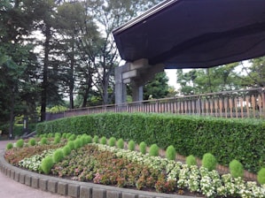 A well-maintained garden with neatly arranged flower beds featuring vibrant green bushes and various colored blooms. The scene is framed by a backdrop of tall, lush trees. To the right, a modern, angular structure with a dark, overhanging roof creates a contrast with the natural surroundings.