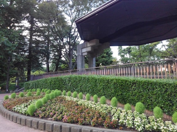 A freshly installed commercial garden with vibrant flowers and neatly trimmed shrubs.