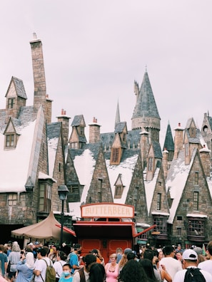 A bustling crowd gathers in front of a Butterbeer stand with snow-topped, medieval-style buildings in the background, featuring gabled roofs and stone chimneys. These structures evoke a fantastical, wizarding village scene.