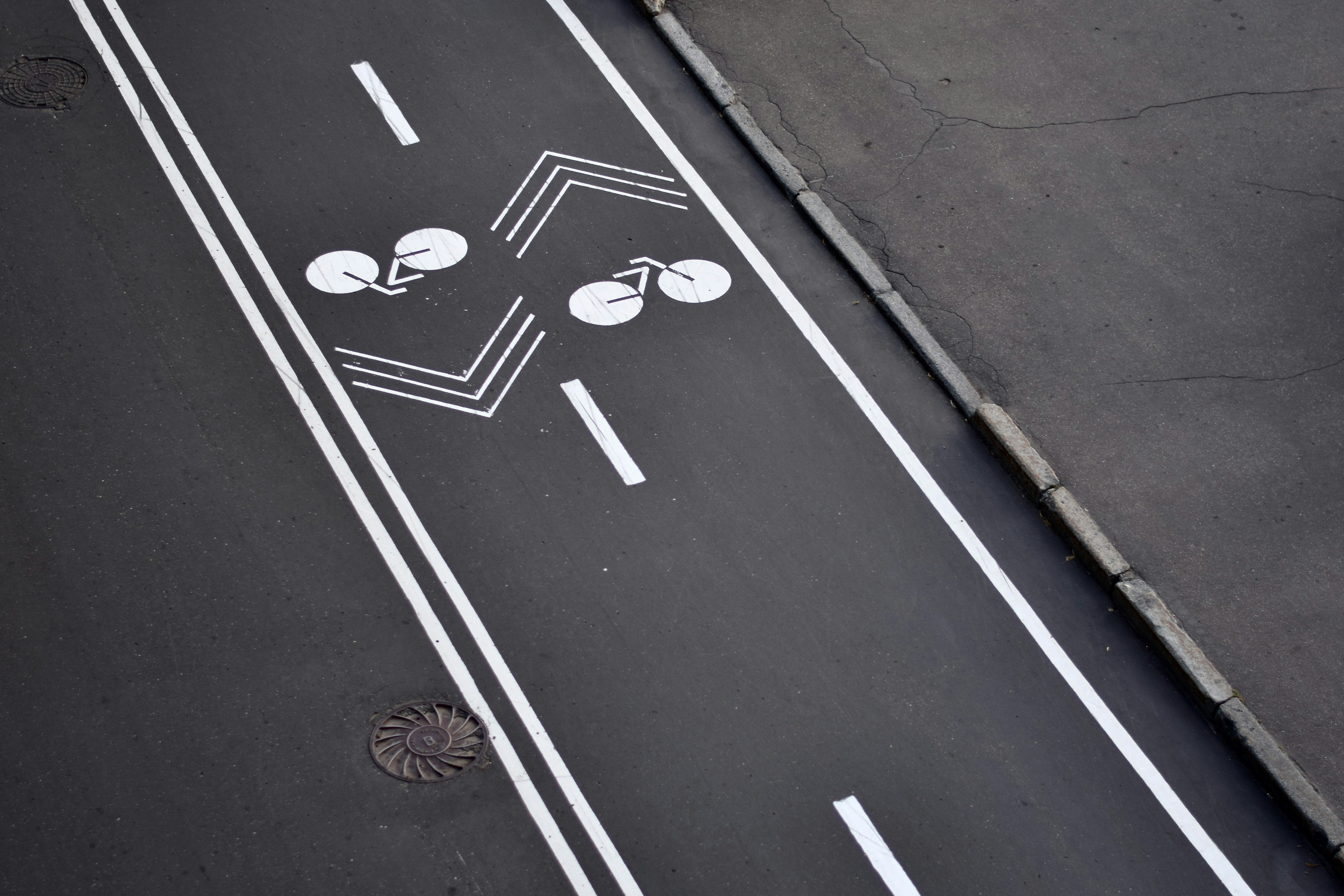 directional markers going in opposite directions on asphalt bike lanes