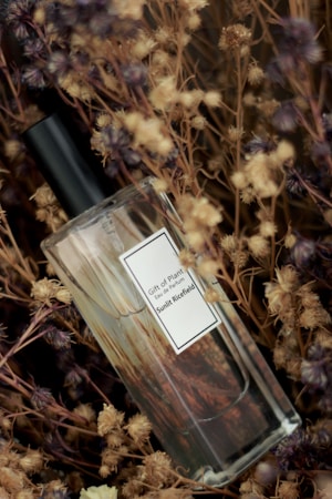 A perfume bottle labeled 'Gift of Plant Eau de Parfum Sunit Ricefield' is placed among dried flowers and plants, creating a rustic and natural setting. The bottle is made of clear glass with a black cap, and the label is simple and elegant.