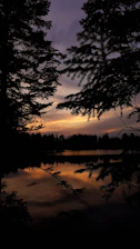 Elegant timber estate nestled by a calm lake at sunset, framed by pine trees and glowing warm light.