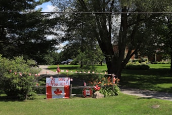 A rural setting features a driveway lined with Canadian flags and a sign that says 'An Olympian grew up here!' adorned with a large Canadian flag and decorative elements. Trees and a grassy lawn surround the area, and there is a brick house partially visible in the background.
