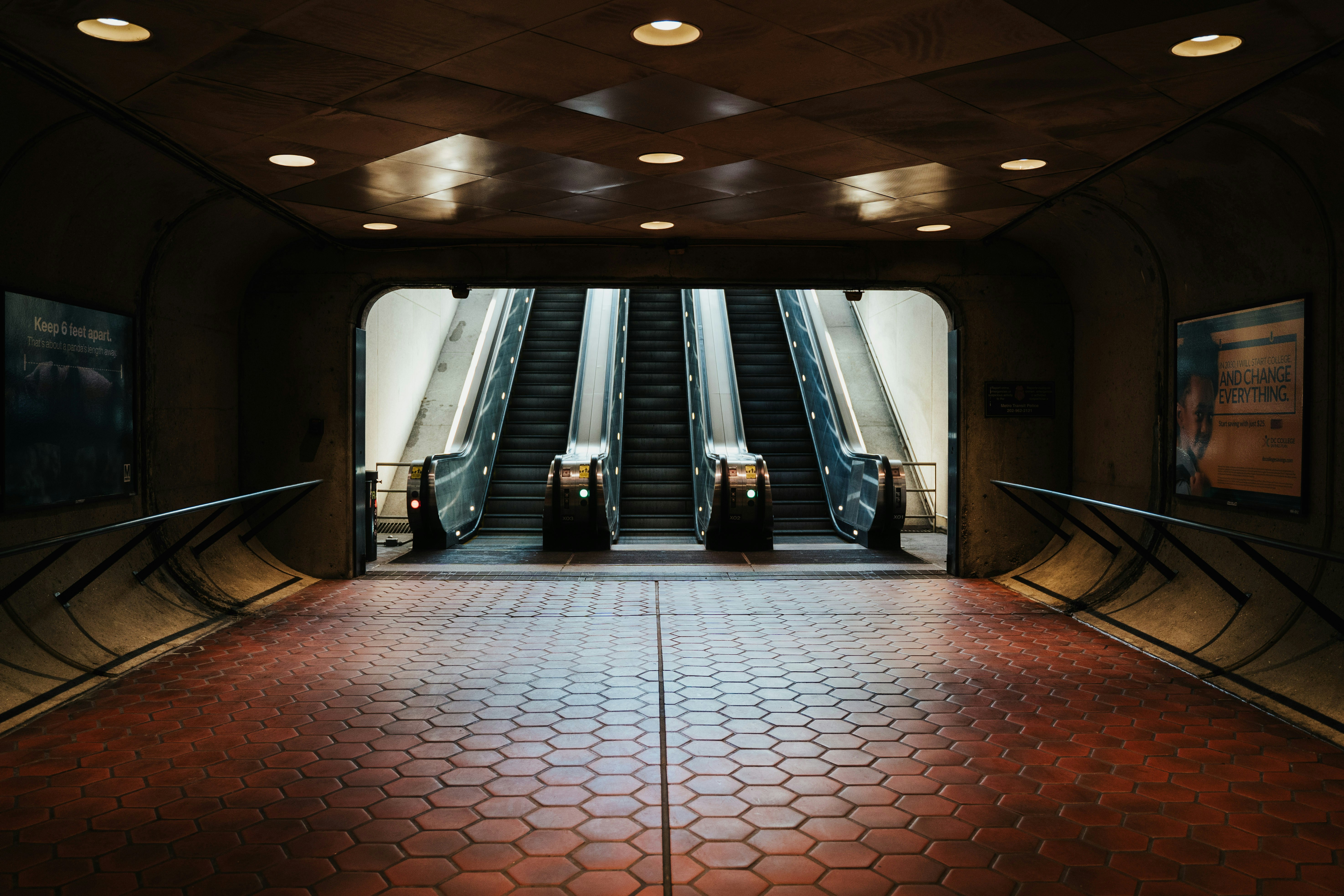 black and white escalator in a train station, 